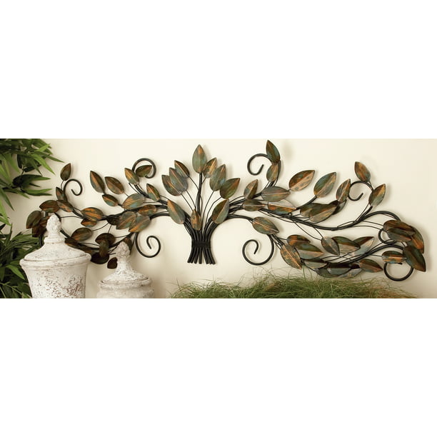32 Deco 79 Nature-Themed Rectangular Wood and Metal Leaves Wall Decor Set of 3 32 and 32 H Polished Gold Finish 